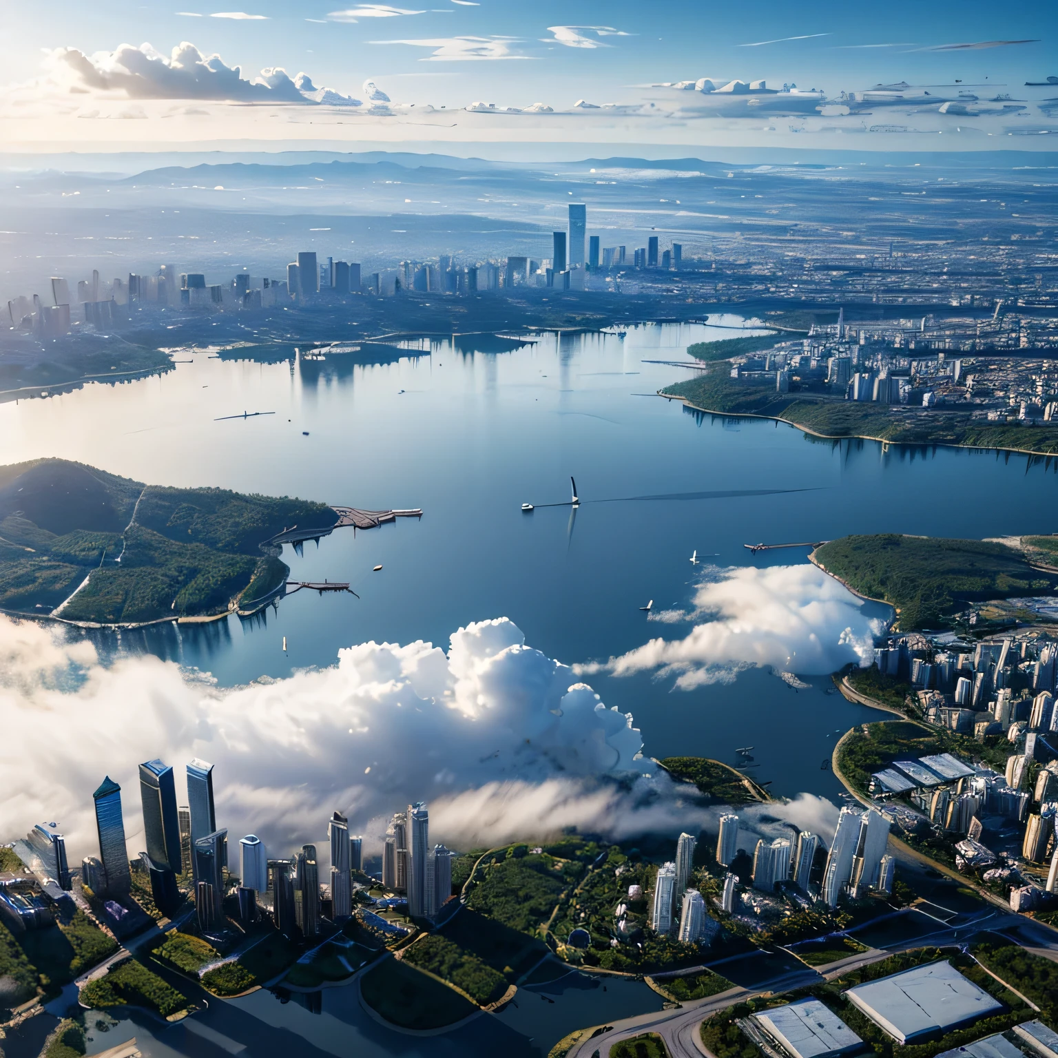 A scene of floating in the sky that draws you in. Blue sky and three-dimensional clouds. High resolution.（8k）、Ultra-high precision、Realistic texture、The city below、horizontal line、Vast、Panorama、Rear Stick、Brilliant、masterpiece、Sky Blue、curve、Bird&#39;s Eye View、