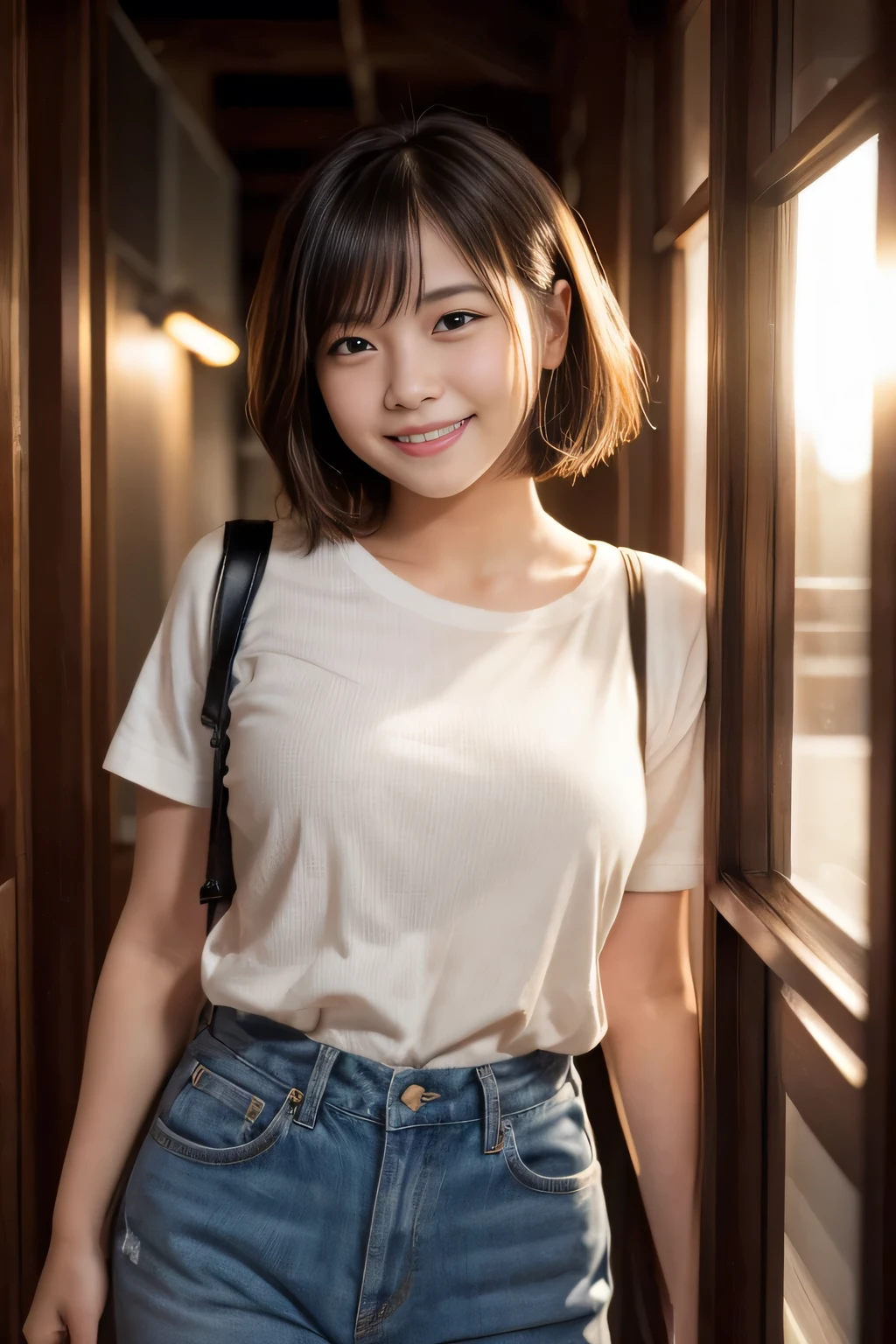 (realistic、High resolution:1.3)、smile　1 girl with perfect figure、high school student、Cafe、Random clothes、super thin face and big eyes、short hair、slouch、The camera is Fujifilm、single lens reflex camera、High definition、locker room、Photoreal、best quality、whole body、nipple、8k、No NSFW