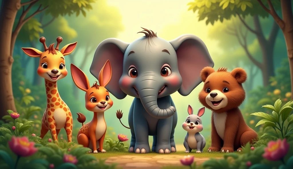 draw happy rabbit,giraffe,dear,bear and birds who are in the jungle and smiling. a nany elephant is standing next to them who is smilling and focus on the elephant.