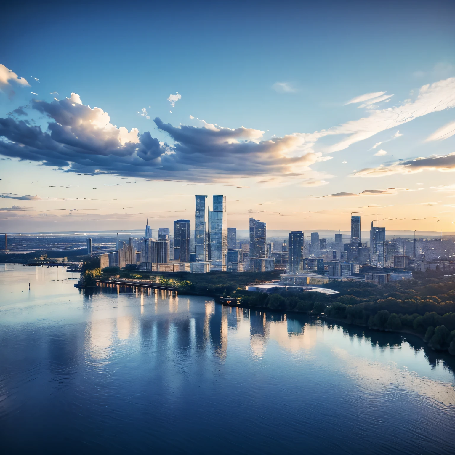 A scene of floating in the sky that draws you in. Blue sky and three-dimensional clouds. High resolution.(8k)、Ultra-high precision、Realistic texture、The city below、horizontal line、Vast、Panorama、Rear Stick、Brilliant、masterpiece、Sky Blue、curve、Bird's Eye View、