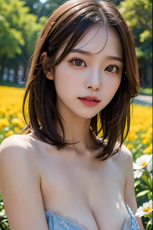 (((Exposing breasts 1.6))),(((Exposing breasts 1.6))),(((Exposing breasts 1.6))),masterpiece, Highest quality, 8k, Absurd, Beautiful medium long bob hair,Woman in her late 20s, That shy expression is cute, （Sensual Style）,(（Seven episodes were filmed.................1.4）), (Nude 1.5), No makeup, The near road and the far road, Written boundary depth, Surreal, High resolution, photograph, Sharp focus, Face lamp, Dynamic Lighting, highest detailed, ,Extreme detaileds、Super detaileded、detailed、Real Skin、elegant features、Positive and optimistic、（The background is a colorful flower field)