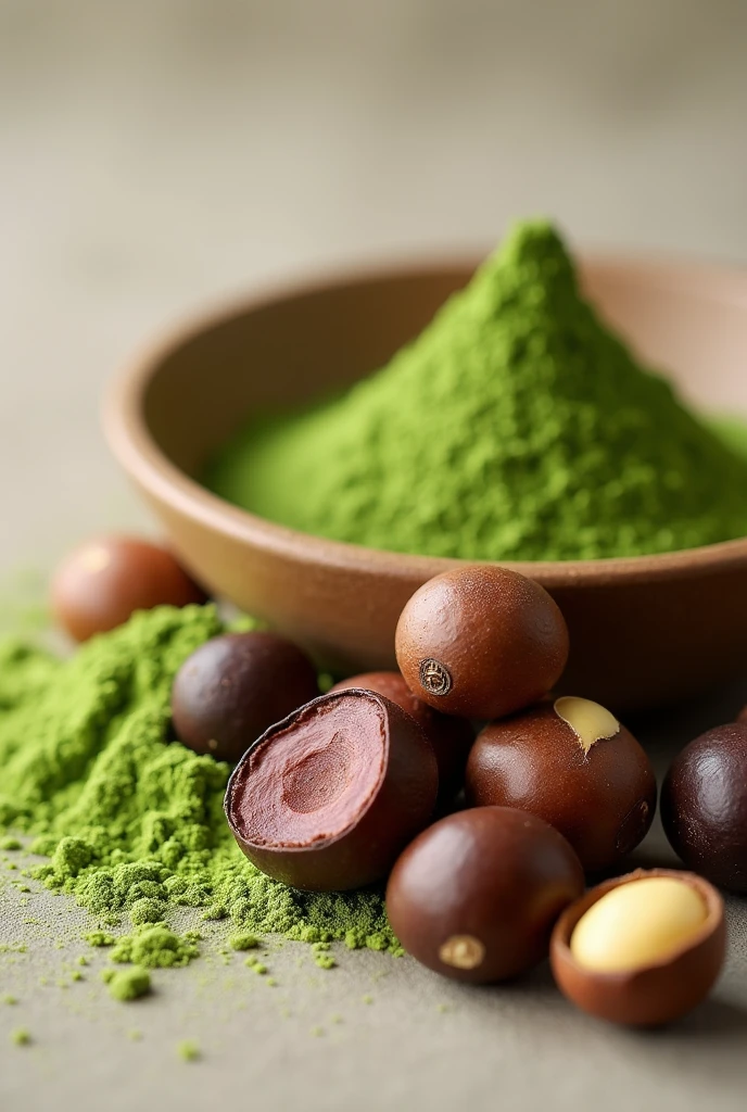 Macadamia nuts have smooth dark brown shells., Many round and smooth macadamia nuts, cover with lots of green tea powder, put in bowl, near angle. In front of the screen are freshly shelled macadamia nuts., Matcha powder mixed with macadamia nuts