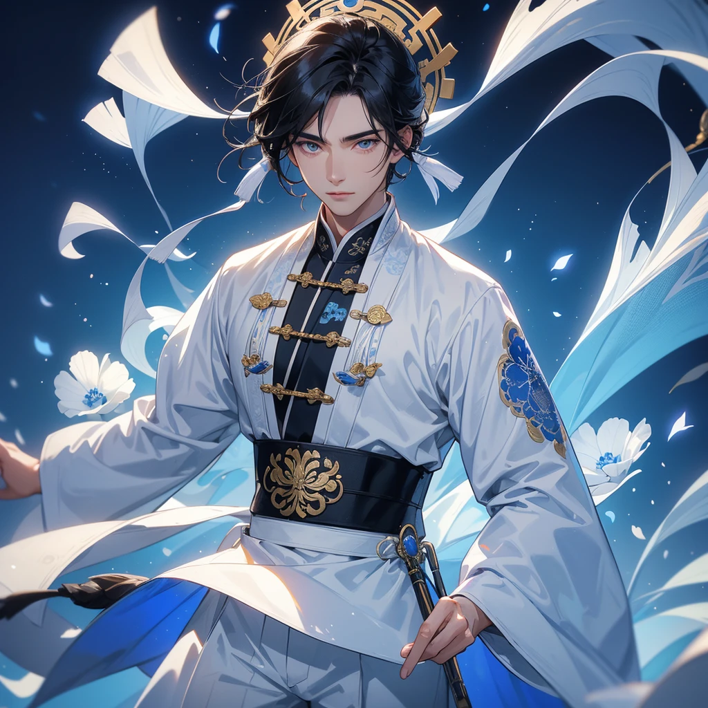 Handsome black-haired male playing the guzheng in white ancient Chinese costume, strolling among by the nemophila fields glowing blue, close up.