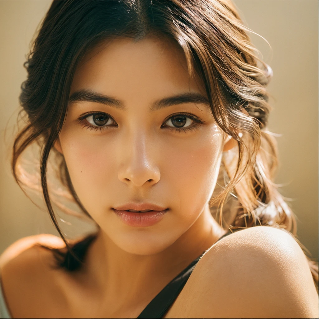 A hyper-realistic image of a single Japanese woman in her early 20s, captured with the nostalgic warmth and subtle graininess of a film camera. Her skin has a warm beige tone with a natural, slightly rough texture that includes visible pores, fine lines, and subtle imperfections such as small blemishes, adding to the authenticity of her appearance. The soft, diffused natural light enhances the film-like quality, casting gentle shadows that create a timeless, organic feel. Her straight, glossy black hair frames her face in a natural, slightly tousled manner, and her deep brown eyes reflect the ambient light, adding depth and emotion. The film camera effect introduces a slight grain and a softer focus, giving the image a warm, nostalgic atmosphere while maintaining the realistic texture of her skin. She is dressed simply, in a way that complements her natural beauty, with the overall composition designed to evoke a sense of genuine, understated elegance. The use of natural light, combined with the deliberately rougher texture of her skin and the film-like qualities, ensures that this image captures the imperfections that make her beauty truly lifelike, focusing solely on this one individual.