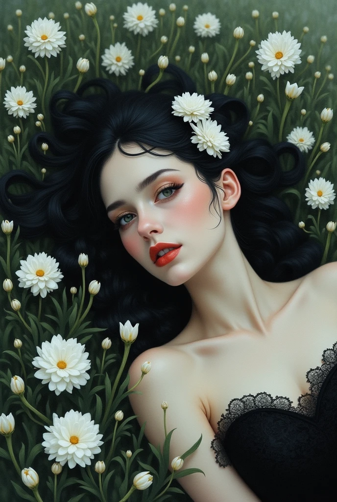 (painting:1.5), \\ One with black hair、Woman with white flowers in her hair lies in a field of white flowers, (Amy Saul:0.248), (Liu Stanley:0.106), (a detailed painting:0.353), (gothic art:0.106)