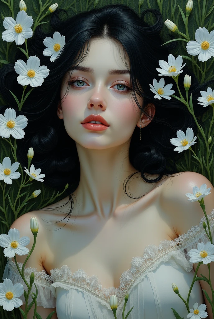 (painting:1.5), \\ One with black hair、Woman with white flowers in her hair lies in a field of white flowers, (Amy Saul:0.248), (Liu Stanley:0.106), (a detailed painting:0.353), (gothic art:0.106)