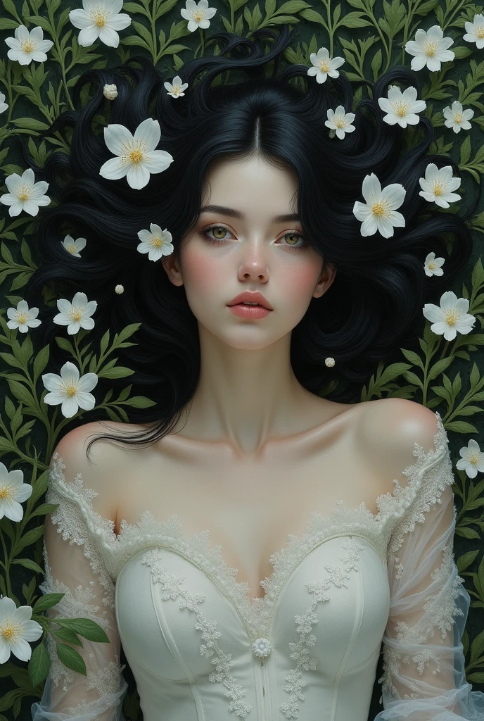 (painting:1.5), \\ One with black hair、Woman with white flowers in her hair lies in a field of white flowers, (Amy Saul:0.248), (Liu Stanley:0.106), (a detailed painting:0.353), (gothic art:0.106)