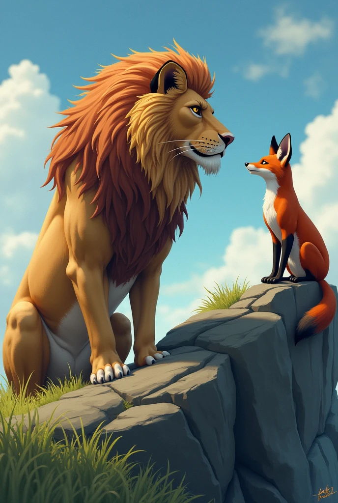 The Lion King’s Wisdom
Show the lion sitting on a rock, laughing and talking to the fox. The fox looks nervous and guilty.