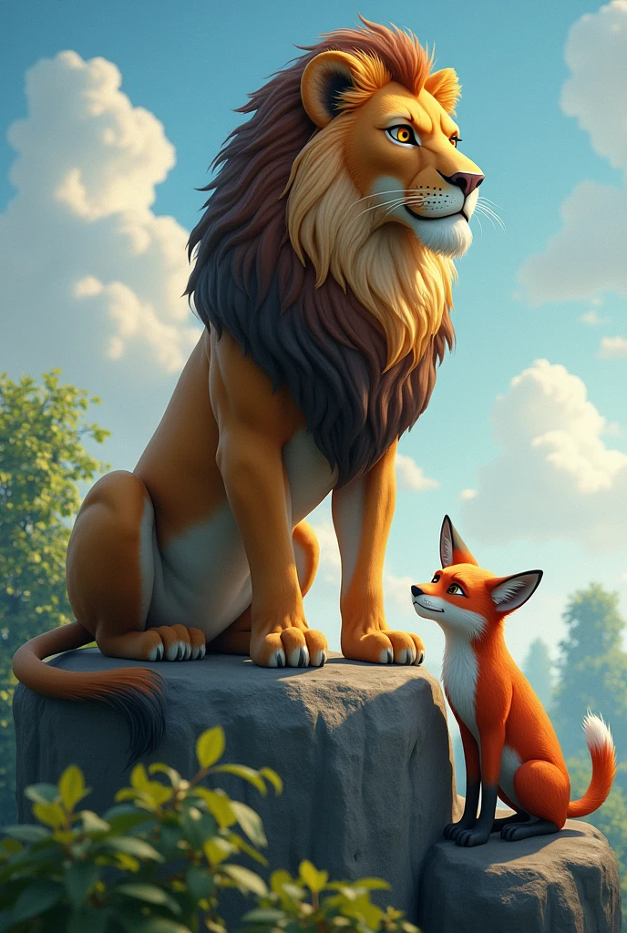 The Lion King’s Wisdom
Show the lion sitting on a rock, laughing and talking to the fox. The fox looks nervous and guilty.