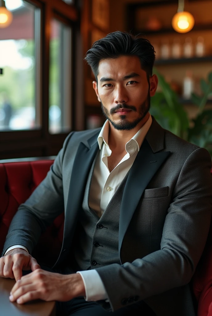 A handsome Japanese man，Beard, Mustache, Broad shoulders and narrow waist，Dress shirt and tie,elegant, Sexy Men，Handsome man in black and grey suit, Wear a shirt，The neckline is slightly open, Fabric that fits the body outlines the contours of the chest，Inside the cafe，Sit on a chair，expensive，Muscles feel good，Sunburn，Iris（Narrow eyes 1：3），Full body image
