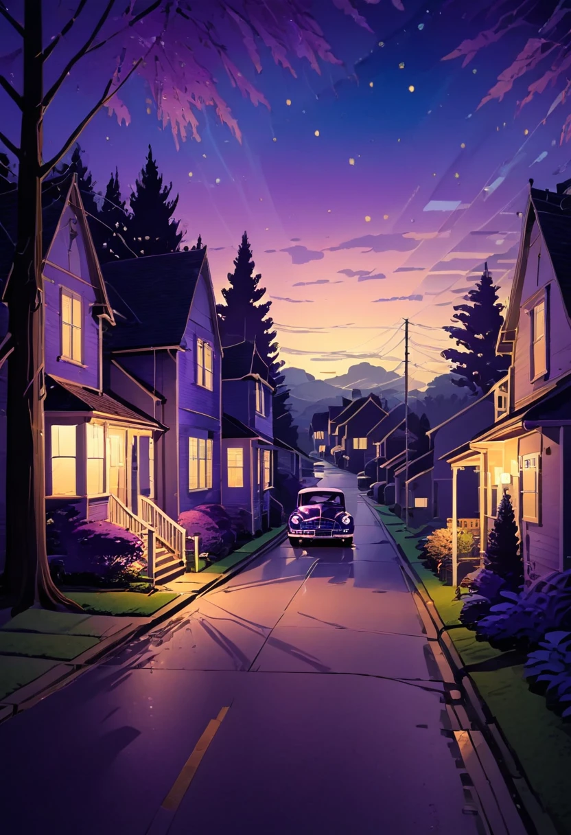 "An anime-style 4K wallpaper of a peaceful suburban neighborhood street at dusk. The scene features a vintage car parked in the driveway of a cozy house. Warm, golden lights glow softly from the house's windows, casting a welcoming aura. The sky above is a deepening twilight, transitioning from shades of purple to dark blue, with twinkling stars beginning to appear. Lush trees line the street, and shadows stretch gently across the pavement, creating a serene and nostalgic atmosphere."