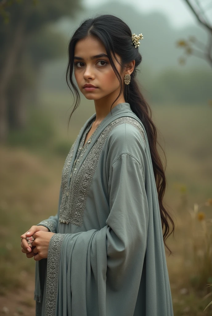 A girl in Pakistani clothes gray color