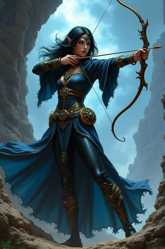 A pulp fanasy art of a half  elf woman, black hair and blue eyes , wearing whitch robes, aiming a bow, Frank Frazzetta art, Boris Vallejo art