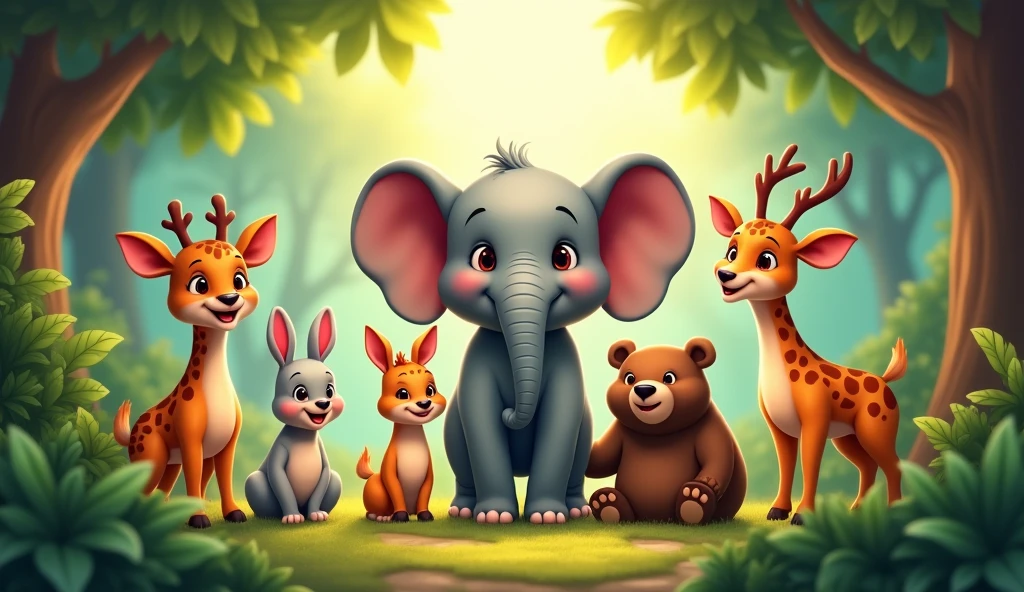 draw happy rabbit,giraffe,dear,bear and birds who are in the jungle and smiling. a nany elephant is standing next to them who is smilling and focus on the elephant.