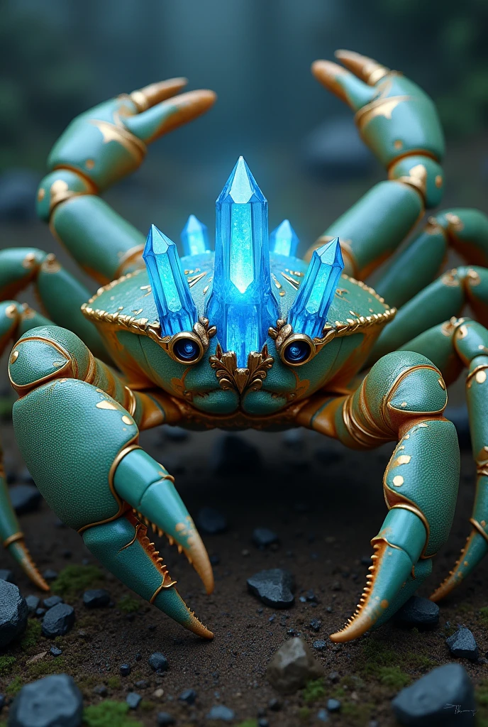 A tosca green Crab, with blue diamond crytstal, ornated with golden accent
