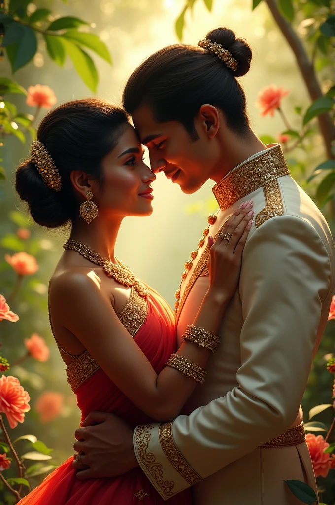 Create an image of a beautiful indian young lady called Saranya kissing the prince of pahang from malaysia 