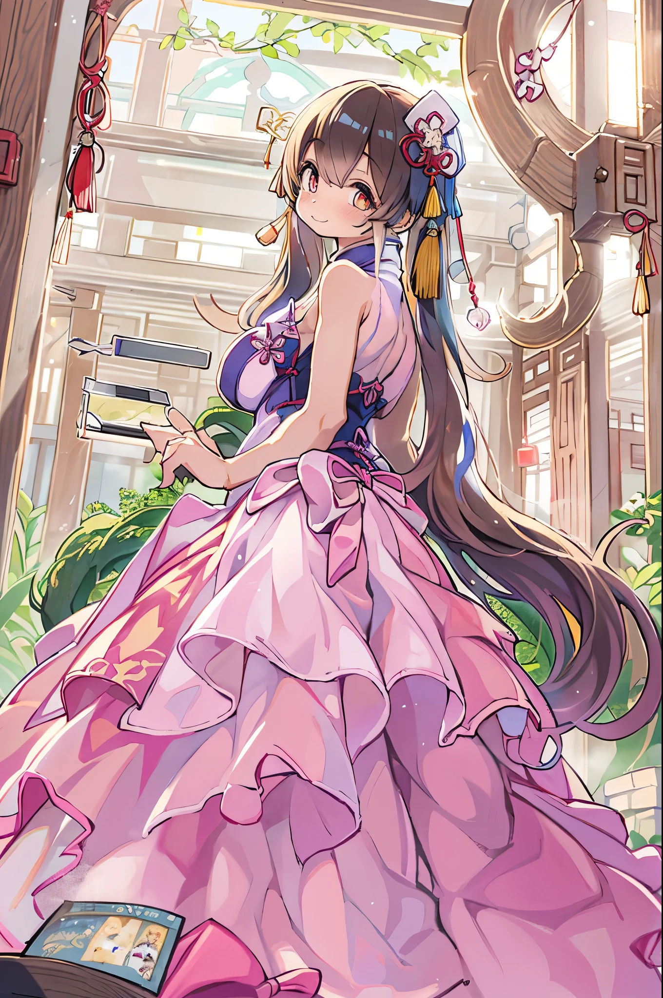 (masterpiece,Highest quality,Ultra-high resolution),Japanese women, (((Two very beautiful people))), cute、Look at the photographer、 ((Beautiful low ponytail)), とってもcute顔, Glossy Lips, Double eyelids on both eyes,Natural smile、 Natural Makeup, Long eyelashes, Shiny and smooth hair、Center image, Perfect limbs, Perfect Anatomy,(((China dress)))、(((Looking Back)),