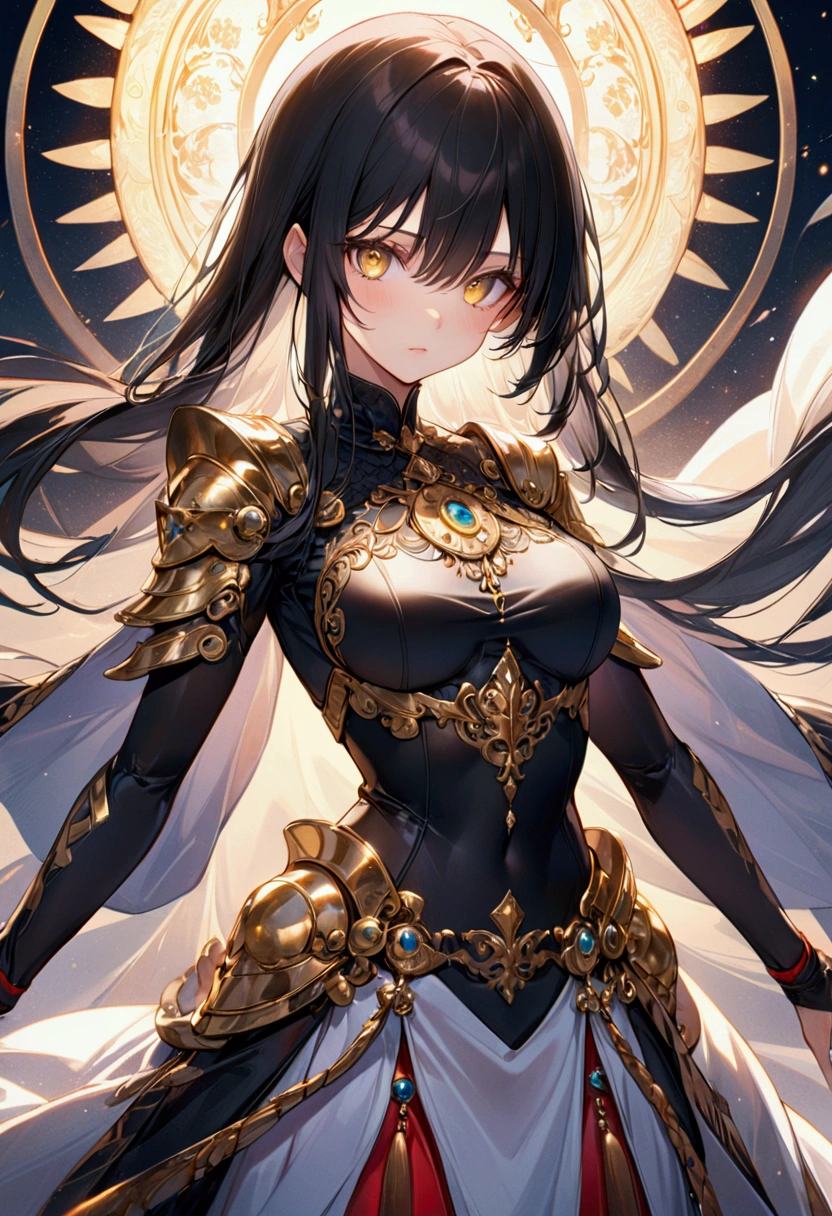 Anime girl with long straight black hair with white highlights, golden eyes,warrior clothes, detailed body, detailed eyes, masterpiece, best quality, aesthetic, standard pose, 8k, high resolution, ultra-sharp. 