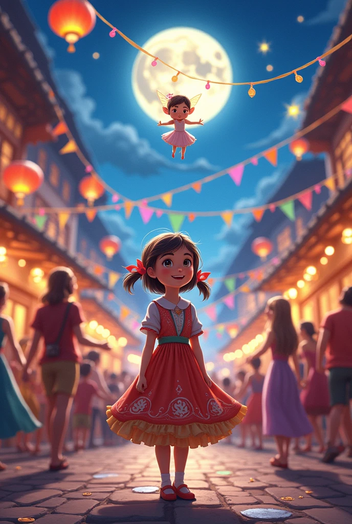 A joyous festival scene in Luminia, with the moon shining brilliantly in the sky. The townspeople, dressed in colorful outfits, celebrate with lanterns and decorations. Ellie stands in the center of the celebration, smiling proudly as the Moon Pixie floats happily above, adding a touch of magic to the festivities.