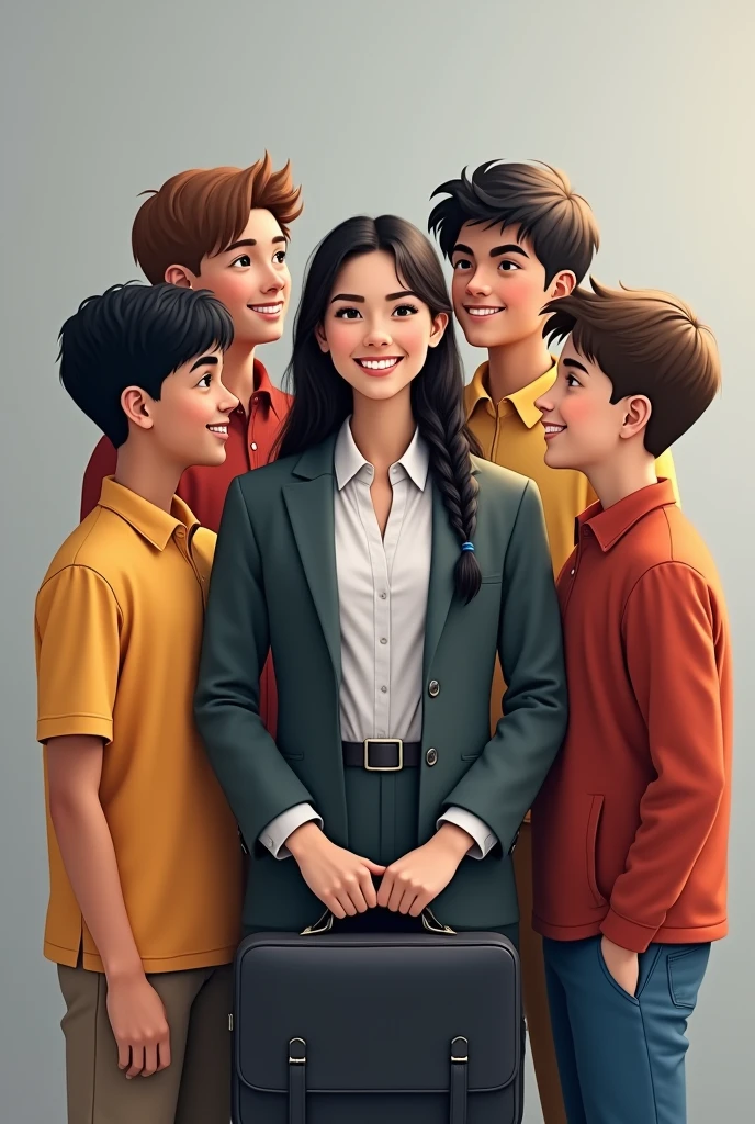 A humanized photo of four boys around (One is black haired, another brown hair, the other with black hair and the other with darker brown hair) And in the middle of them is a girl in a work uniform with a briefcase in her hands., Her hair is black but with a braid that is on her shoulder