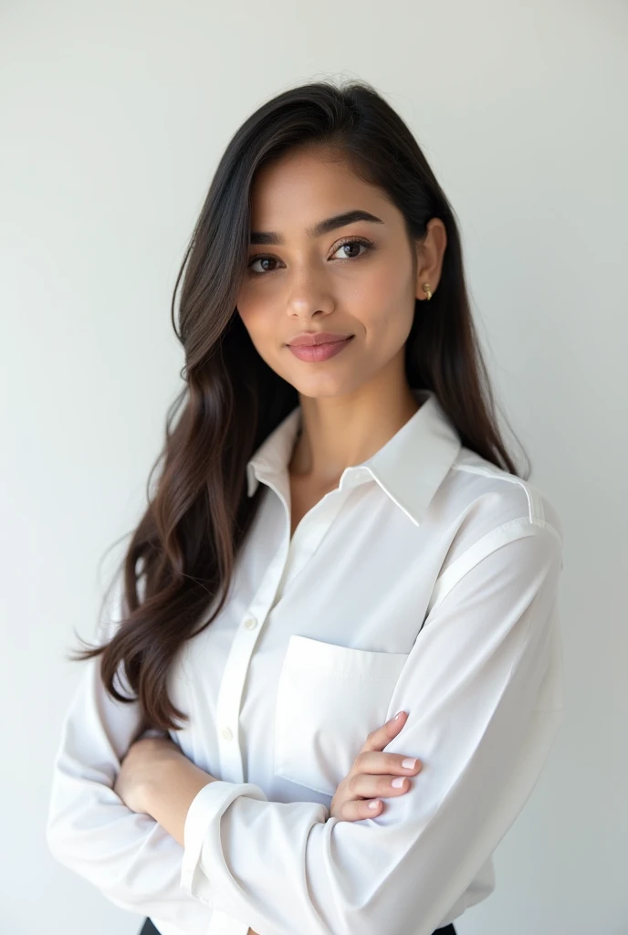 25 year single realistic Pakistani girl standing straight  zoom picture with white shirt looking professional and white background with neat long hair tight 