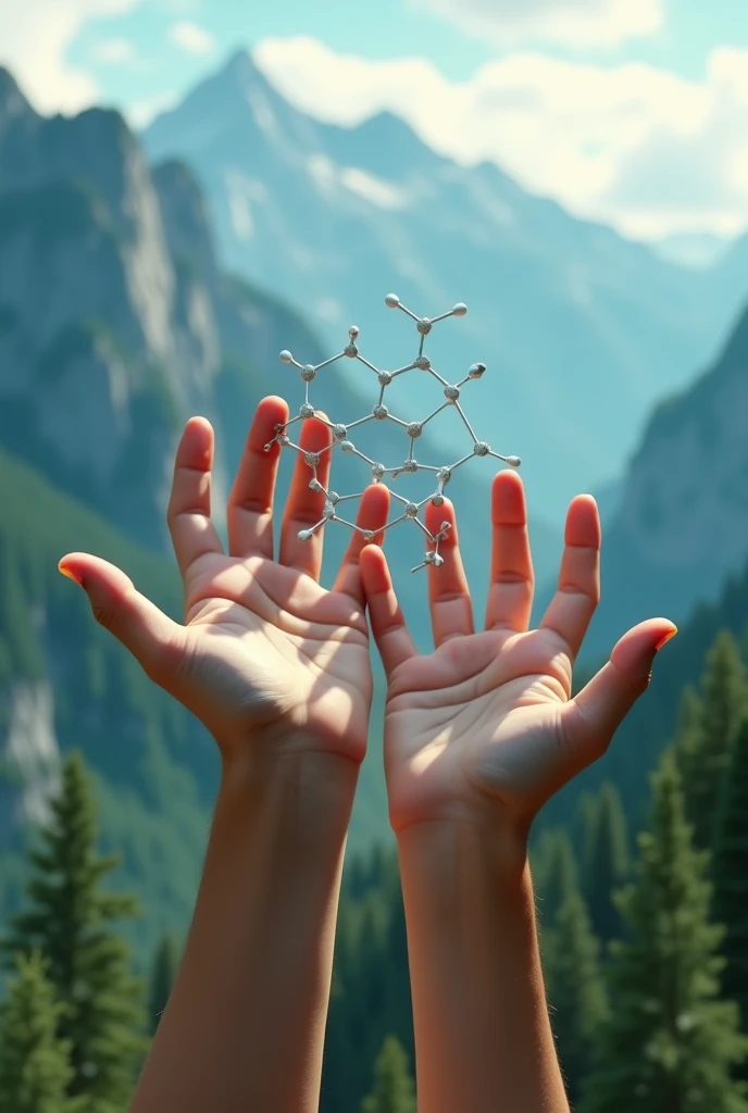 children&#39;s hands dopamine molecule mountains forest 
