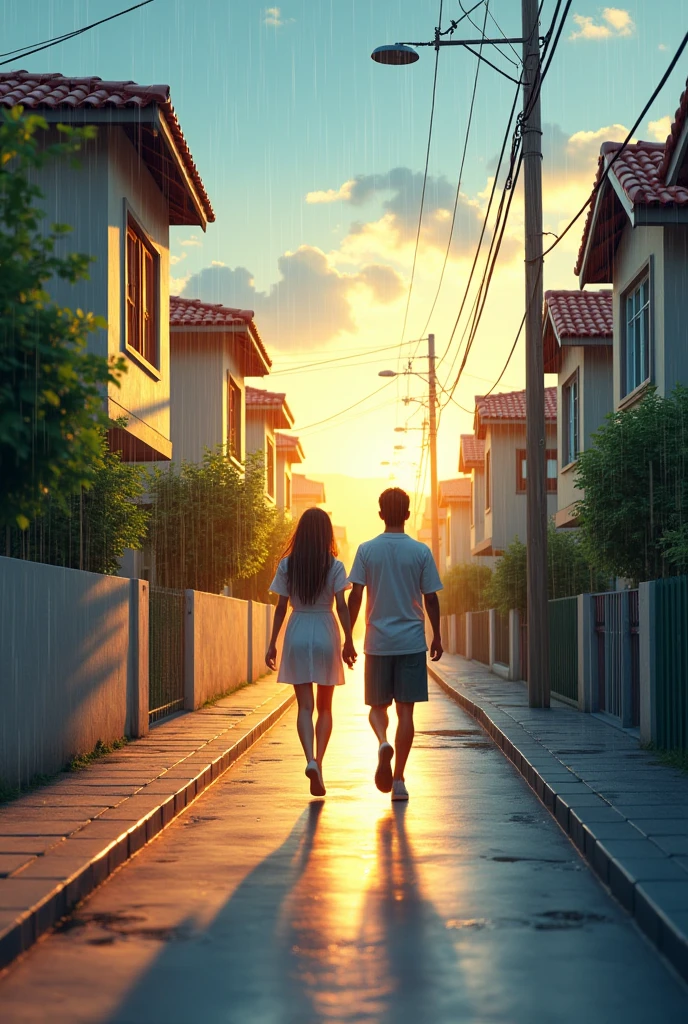 A street with houses on a sunny day, raindrops falling and the raindrops look normal and have less intense colors, and in the middle a couple running to take shelter holding hands