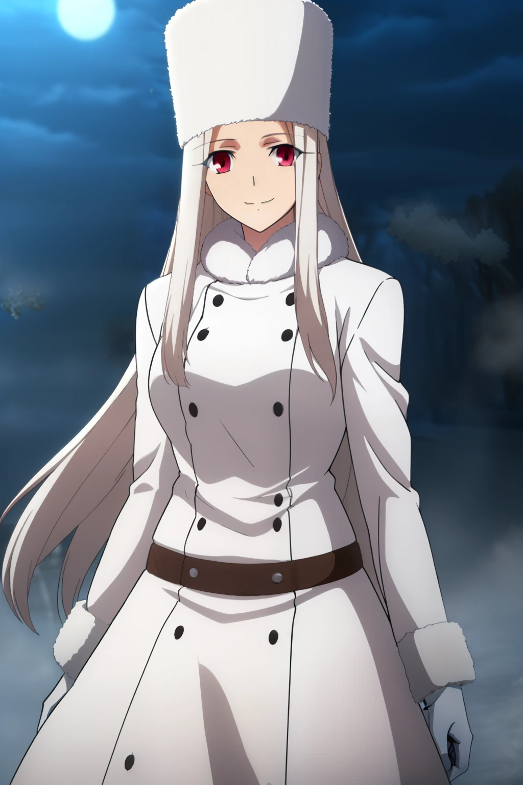 Irisviel Von Einzbern, (large breasts), oversized breasts, long hair, (platinum-blonde hair), white fur coat, (belt), white gloves, white fur hat, solo, facing the viewer, looking at the viewer, smile, closed mouth, (night time), (foggy weather), (snow)
