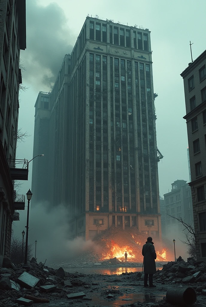 Make a picture of a building destroyed by an attack.