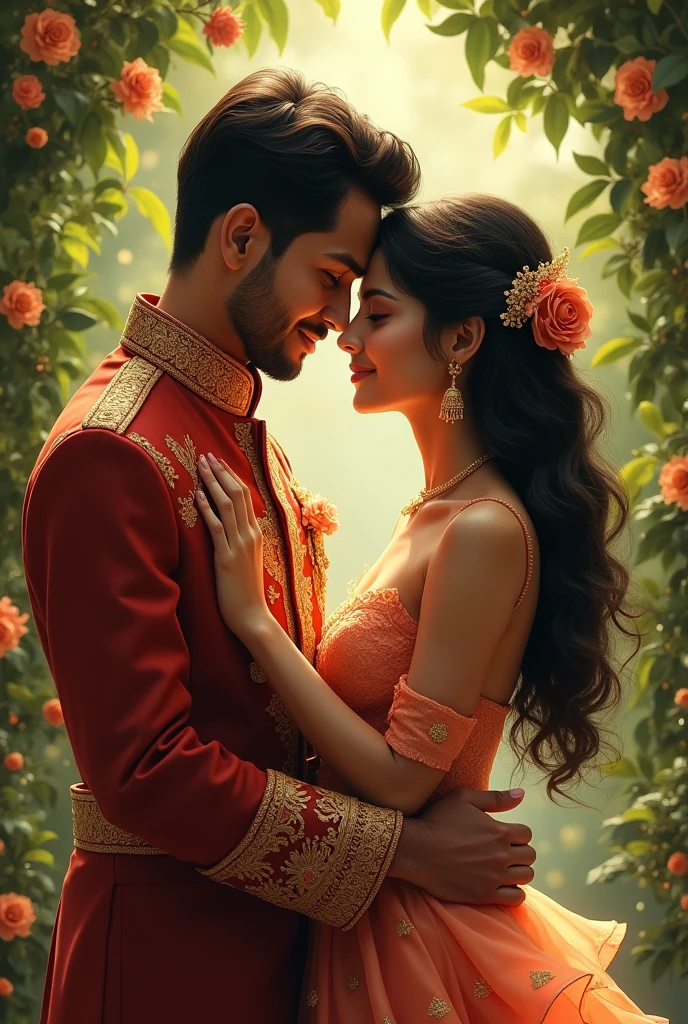 Create an image of a beautiful indian young lady called Saranya kissing Tengku Hassanal of pahang