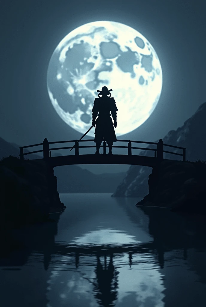A samurai in night standing on a lone bridge in fron of moon and only moon light is there rest all is black