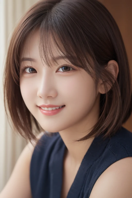 masterpiece, Highest quality, One Woman, (RAW Photos, Highest quality), (reality, Realistic:1.4), Tabletop、reality的、Stereoscopic lighting、Professional Lighting、Face Light、Smooth lighting、sexy、Sunburned skin、very detailed eyes and face, Beautiful and detailed nose, beautiful eyes, Perfect Anatomy、Bobcut、Brunette Hair 、bangs、A cool smile、Face Focus、indoor、