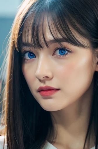 I want to see a video of this person talking。「Hello」i want you to say。blue eyes 8k photo