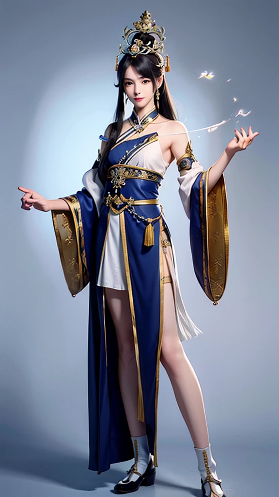 a young man, high, slender and thin, curly brown hair, tied to a ponytail and a Chinese crown with an orchid, White skin, eyes like light blue peach, Thin nose, fine reddish fleshy lips, On his forehead a jewel, a thin chain and a blue gem in the middle of his forehead tied to the chain, Navy blue tunic, black boots, bottom of a mountain, The image dates back to ancient China