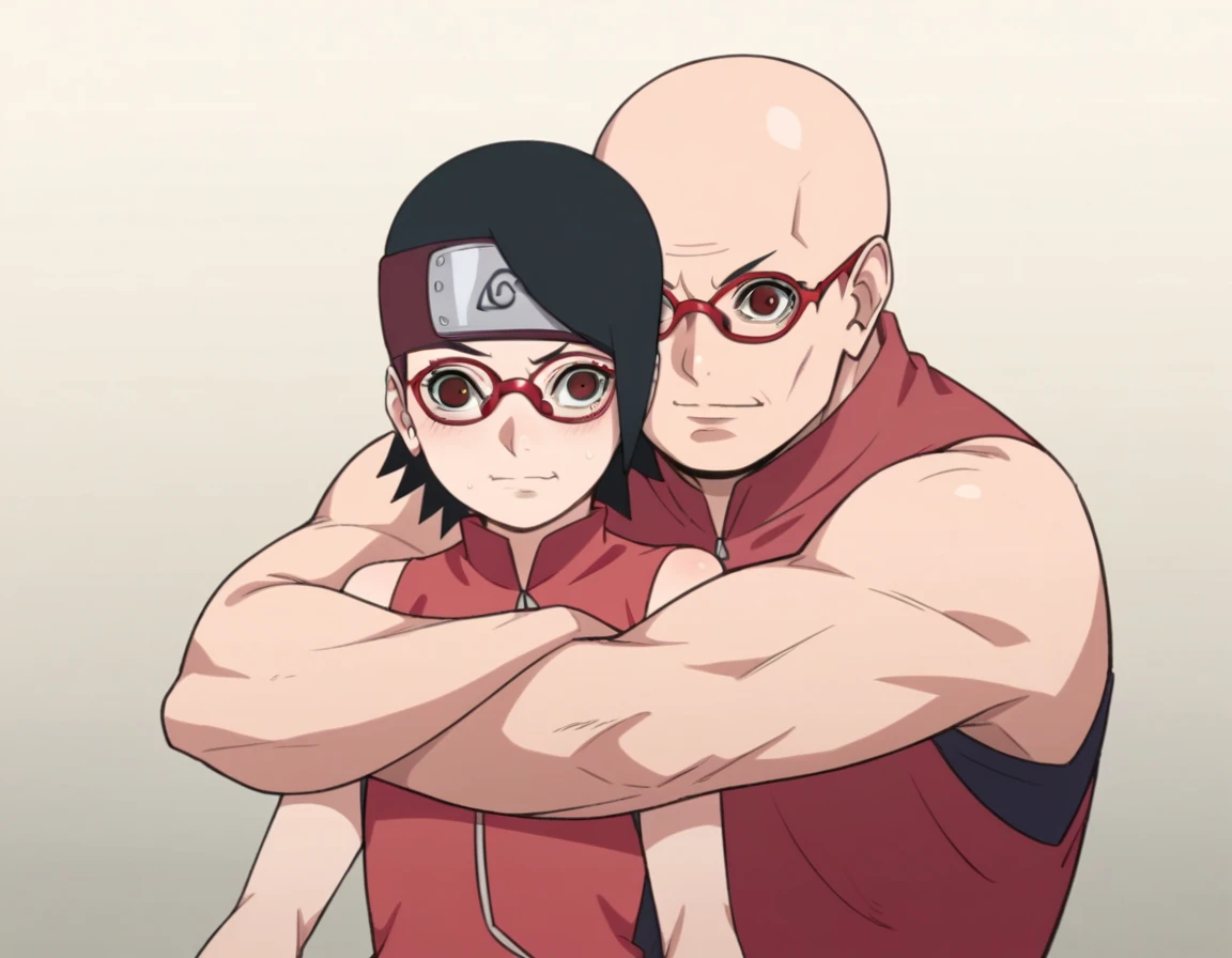 score_9, score_8_up, score_7_up, source_anime, (sarada uchiha, solo, younger), (size difference), short hair, black hair, black eyes, red-framed eyewear, glasses, swept bangs, (smug:0.8), closed mouth, light blush, flat chest. 1boy, bald_boy, bald male, bigger male, taller male, hug, couple,