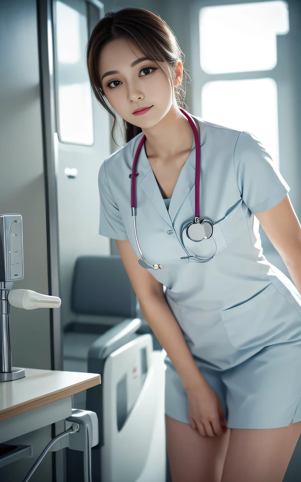 Beauty, high quality, Complete, In detail, High resolution, 8k wallpaper, whole body, Perfect dynamic composition, Beautiful attention to detail, Random poses, Charm, Alluring, 20 year's old, round face, nurse, hospital,