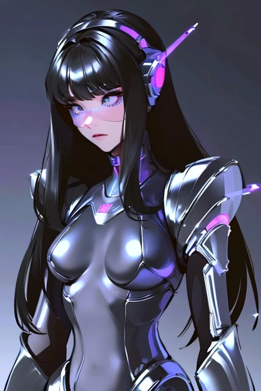 (masterpiece),(Highest quality),(Super detailed),(Best illustrations),(Best Shadow),(Absurd),(Detailed Background),(so beautiful), 16K, 8K, 4K,(Best Shadow),empty eyes,robotization,woman ,big bust,Robot Joint ,Metal skin,Black Suit,long hair,a black suit that covers the whole body