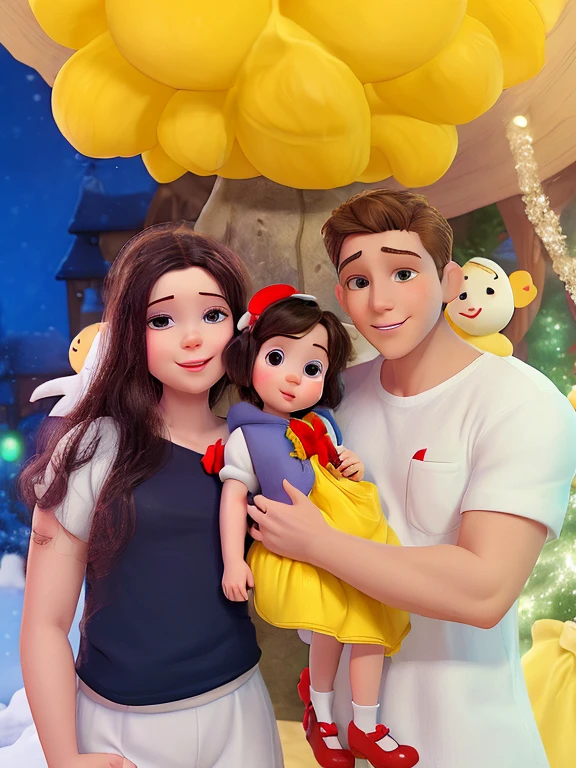 Boyfriend in white shirt holding baby dressed as snow white with girlfriend next to him, happy on baby&#39;s 1st birthday