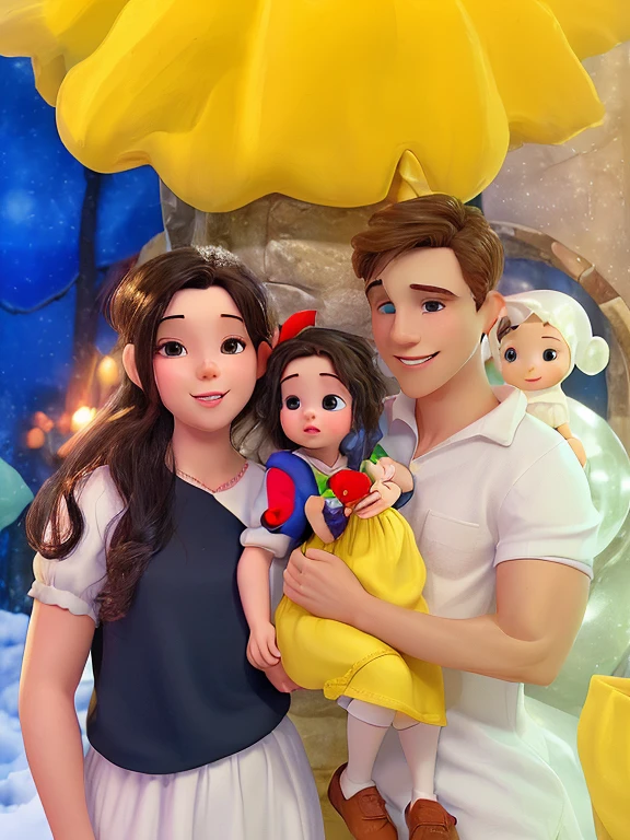 Boyfriend in white shirt holding baby dressed as snow white with girlfriend next to him, happy on baby&#39;s 1st birthday