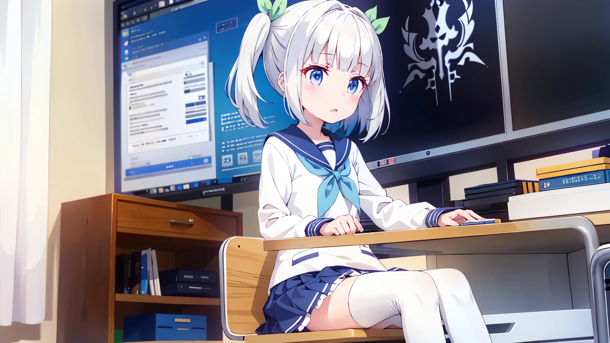 1 white-haired girl with ribbon decorations on her head, blue eyes at school navy blue miniskirt Women in white stockings at home