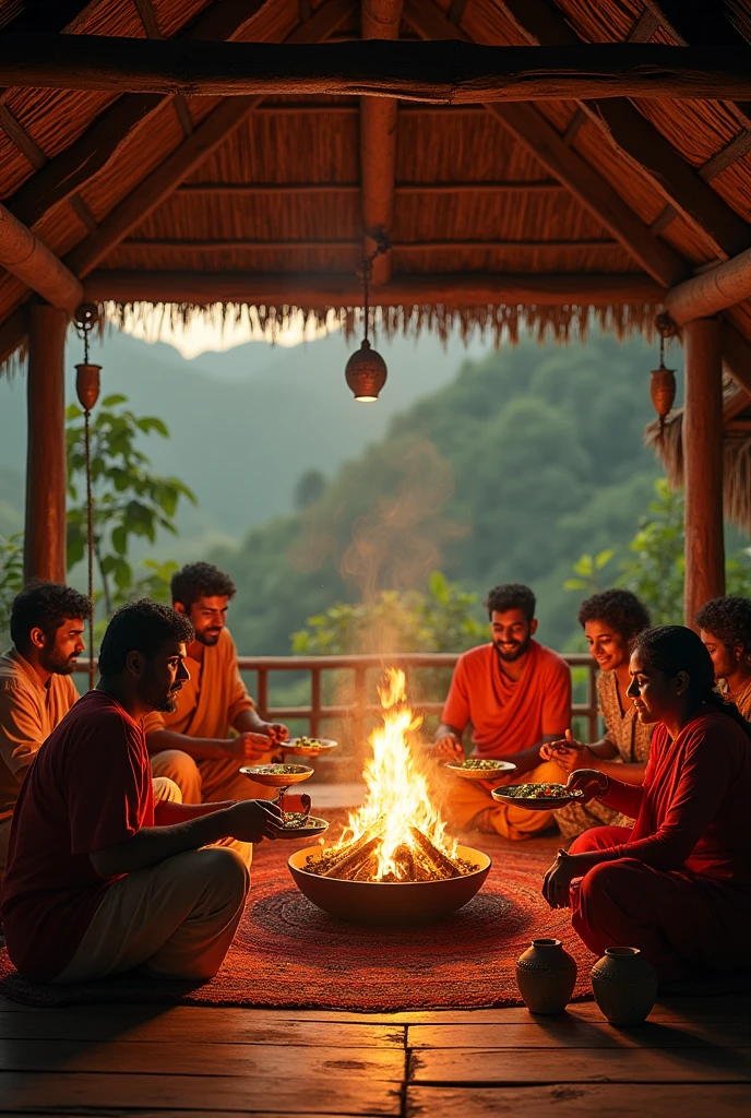 I want you to generate a nice and unique background for Indian restaurant with Kolapasi Indian Cuisine name like how in the old days people were cooked in huts