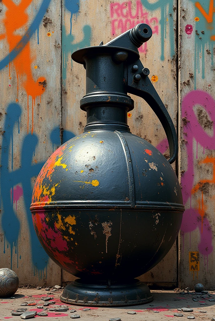 a black bomb but with a bunch of graffiti around it and spray on it