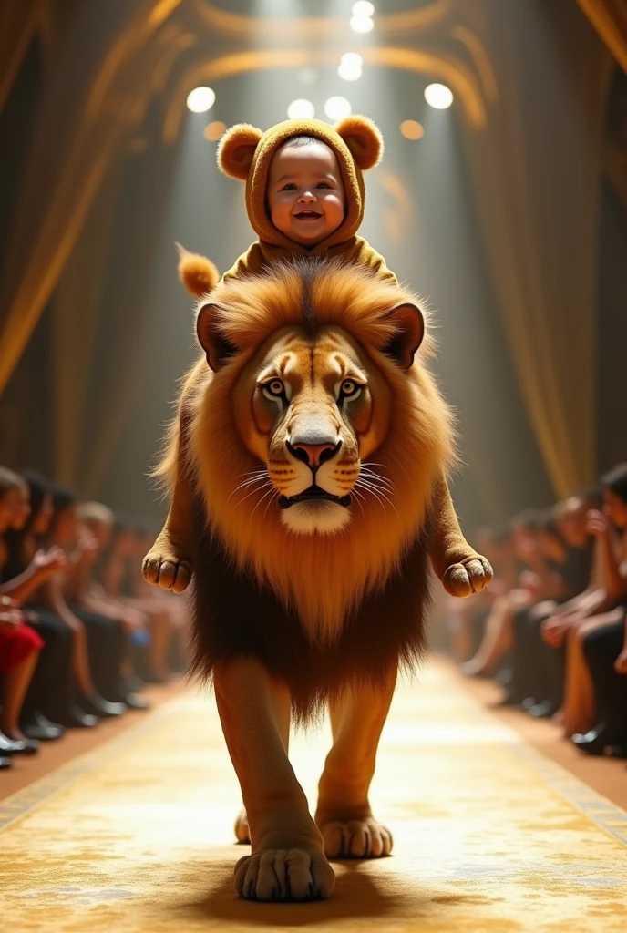 a with a happy face dressed as a lion is riding a real lion on the catwalk model, ultra realistic