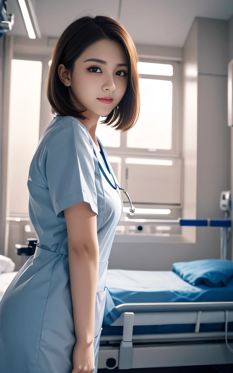 facing back, Buttocks close up, (((all-fours:1.3))), (((Dressing:1.5))), (((Clothing is worn reliably:1.5))), ((Dress reliably:1.5)), (((nurse's uniform, In the hospital))), Smiling smile, 1girl in, 独奏, 18year old, 7headed body, Ideal ratio body proportions, (Composition from head to thigh), erectile nipple, Wet, short-hair, A dark-haired, With bangs, small tits, A slender, Small buttocks, beauty legs, Skinny Legs, surrealism, Cinematic lighting, depth of fields, One-person viewpoint, F/1.8, 135 mm, nffsw, masutepiece, ccurate, ((Anatomically correct)), Textured skin, Super Detail, high details, High quality, awardwinning, Best Quality, hight resolution, 8K