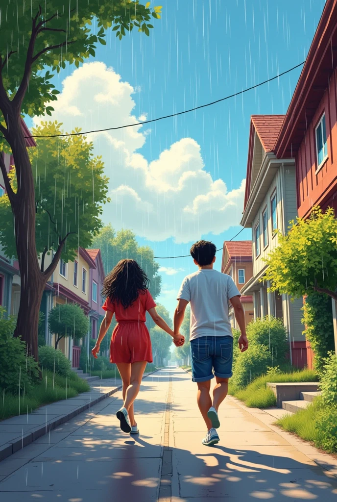 A street with houses on a sunny day with raindrops falling and the raindrops look normal and the colors are not so intense and a couple running to take shelter holding hands