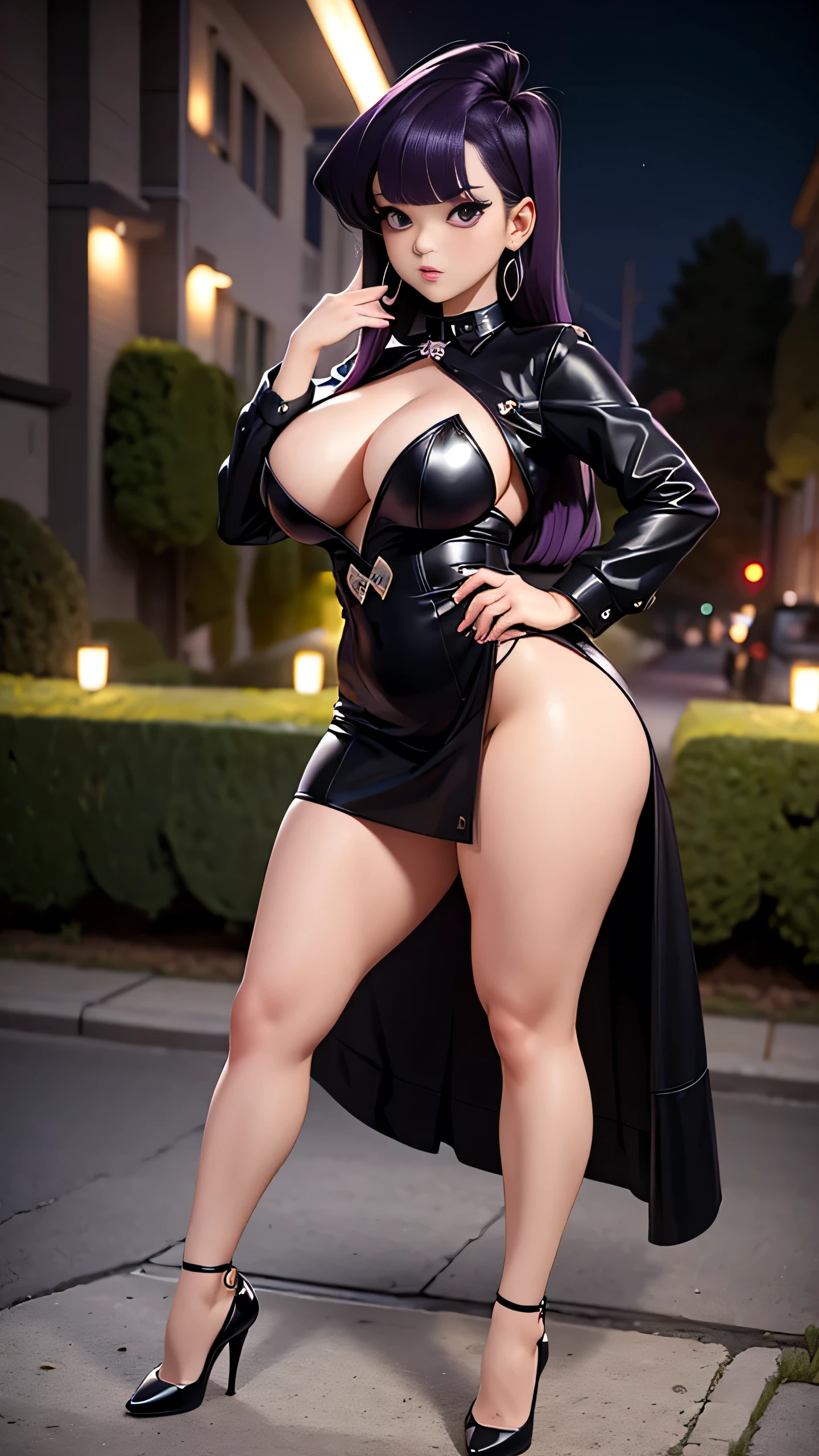 white rocker girl, komi shouko, purple hair, elegant black dress and shoes. super sexy, piercings, earrings, Nsfw, big . Big ass, Most beautiful woman in the world. Darker. Black rimel on her eyes. Full body image. Background garden in the night