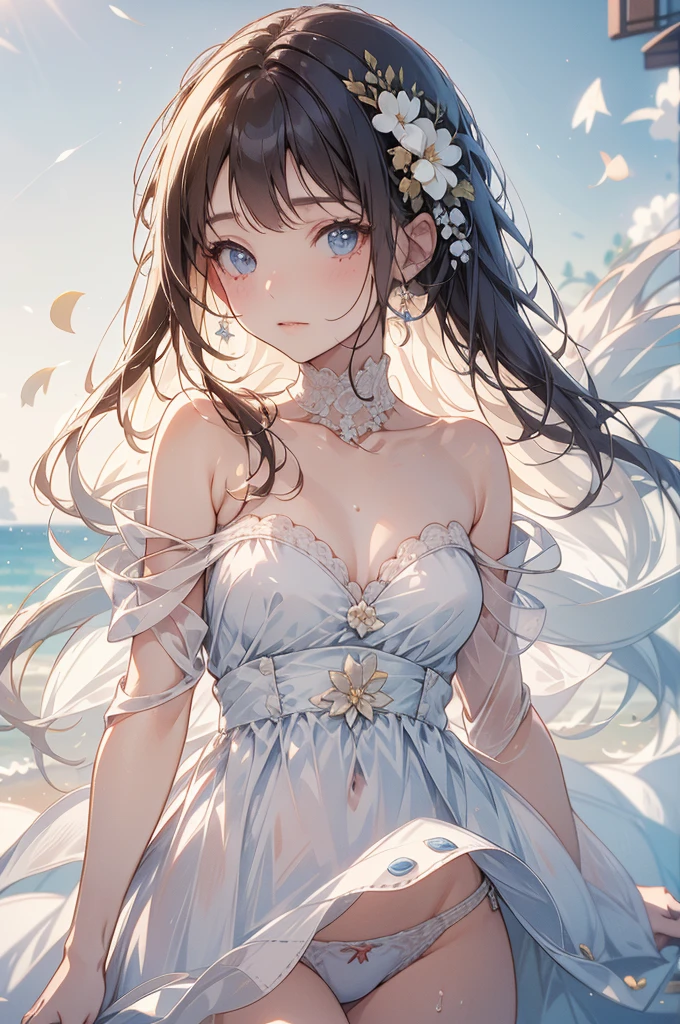 Full-length portrait of a girl,White dress,White panties,Small Bust,blue sky