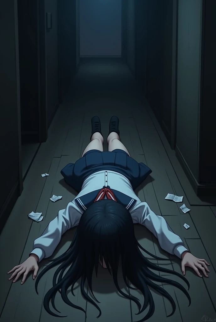 dead anime schoolgirl body on the floor face down