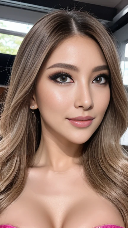 (Highest quality、8k、Award-winning works、Ultra-high resolution)、One beautiful woman、(blonde:1.1)、Bright color contacts、Perfect Makeup、Bright and shiny lipstick、(Very heavy makeup:1.2)、(Deep pink around the eyes:1.1)、Beautiful bright eyeshadow、Heavy makeup around the eyes、(Huge breasts:1.2)、very long wavy hair、(Romantic affection:1.1)、The best smile he had when he saw me、(Bodylineを強調するものが多い..:1.1)、(Strongly blurred vibrant Harajuku city background:1.1)、(Strongly blurred background:1.1)、Accurate anatomy、(Ultra-high resolutionの完璧な美しい歯:1.1)、Ultra-high definition beauty face、Ultra HD Hair、Ultra HD Shining Eyes、輝くUltra-high resolutionの美肌、Ultra-high resolutionの艶やかな唇, Very detailed,Shiny lips with noticeable lip wrinkles, Wear a tight-fitting bodysuit, Light grayのスパンデックスボディスーツ、whole body、Light grayスパンデックスコスチューム,Clothes with a shiny texture,Build Muscles、(Costumes are single-colored only:Light gray) ,Bodyline, Super tight costume