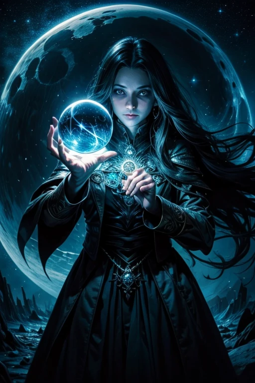 Orb of magician circle around, hand, creepy, dark of fantastic and cosmological with universal. Amazing view very bright and warm starry.